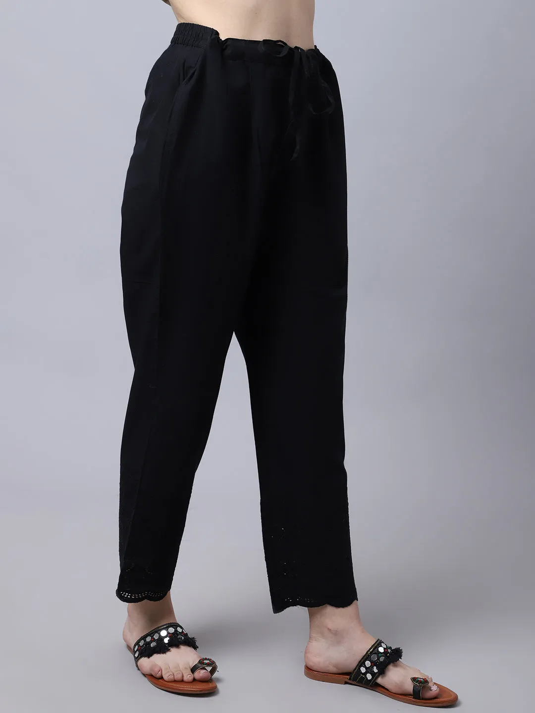 Women's Casual Regular Fit Navy Blue Pleated Front Mid rise Ethnic Pant