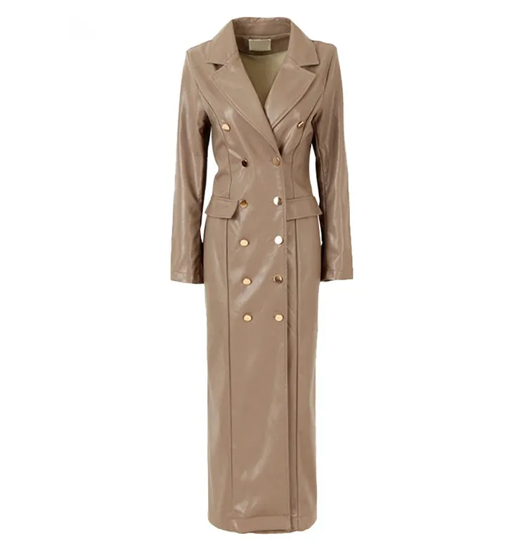 Women's Designer Faux Leather Extra Long Trench Coat