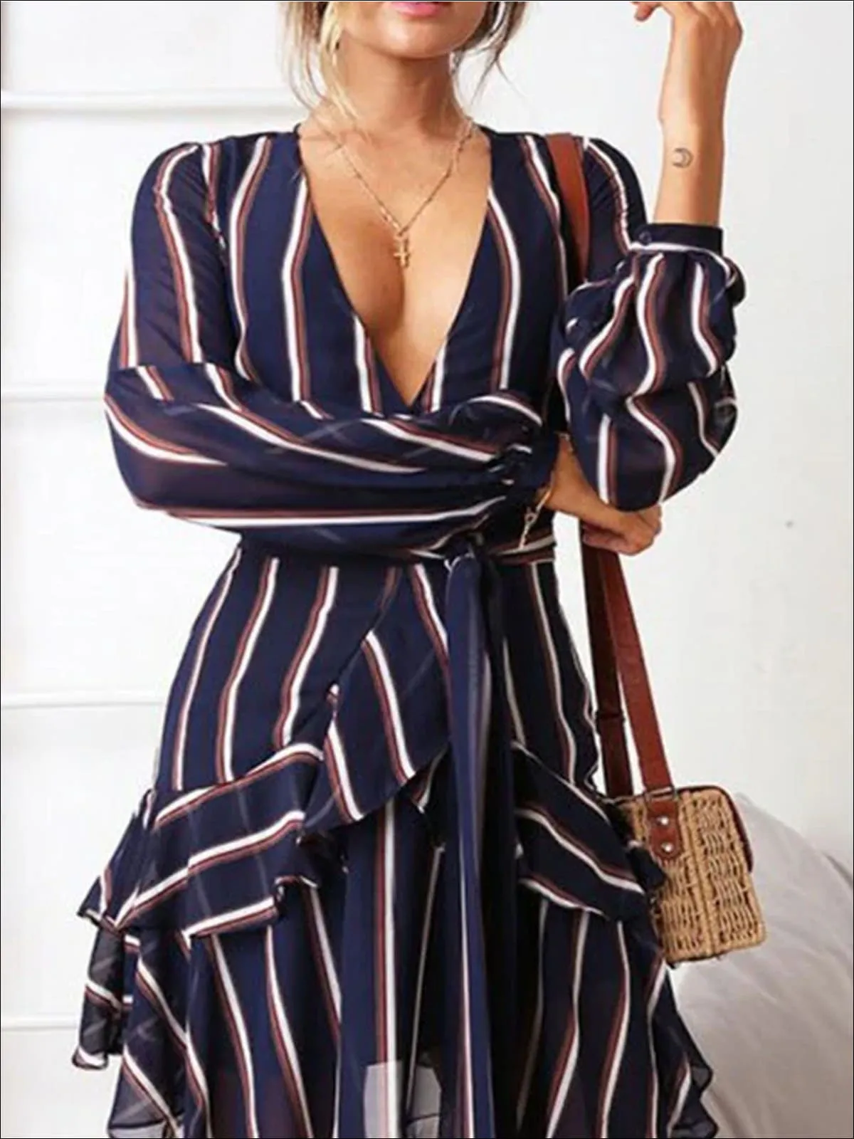 Women's Striped Ruffled Hem Summer Wrap Dress