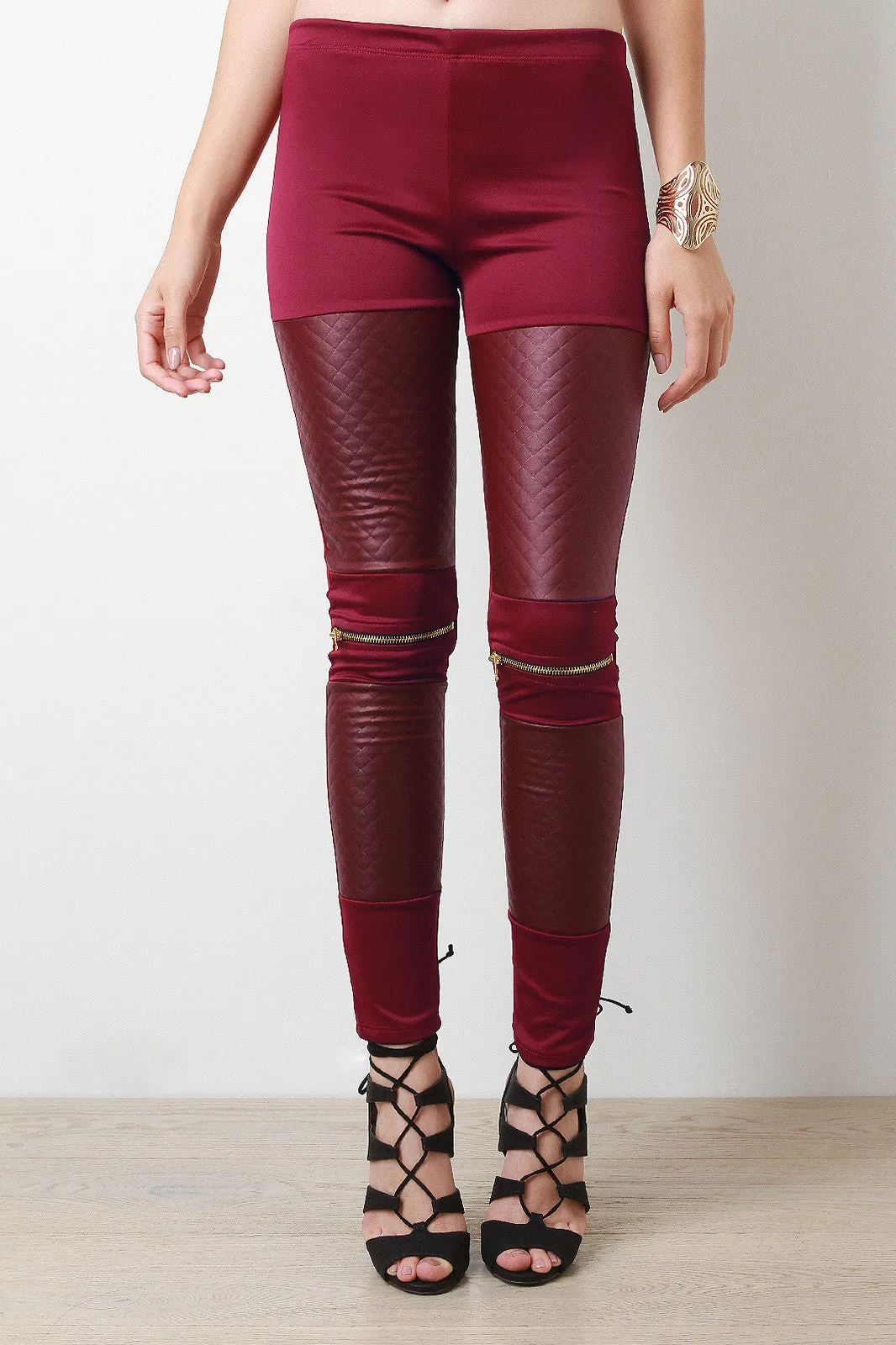 Zipper Knees Quilted Panel Leggings